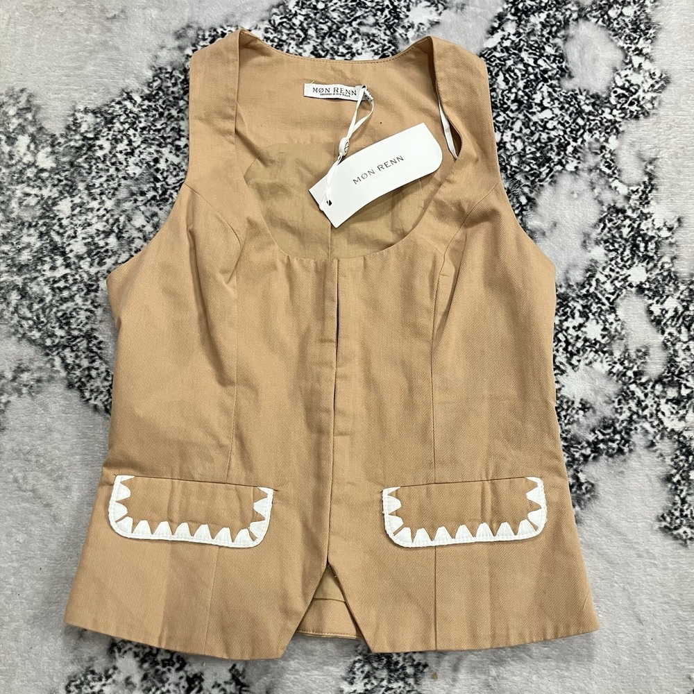 Mon Renn Structured‎ Vest Top Womens XS Tan Minimalist Tailored Pocket Detail